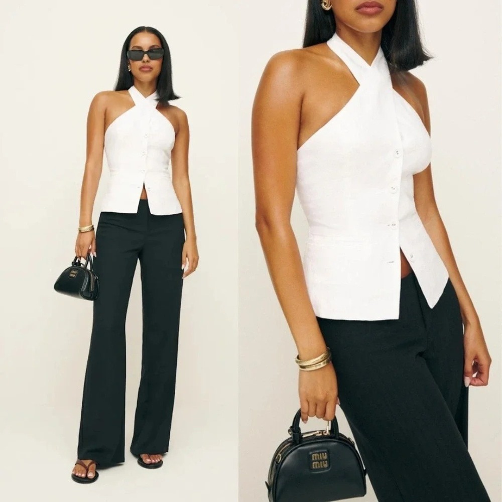 Reformation | Tate 100% Linen Halter Button Vest Top in White - Picture 3 of 6
